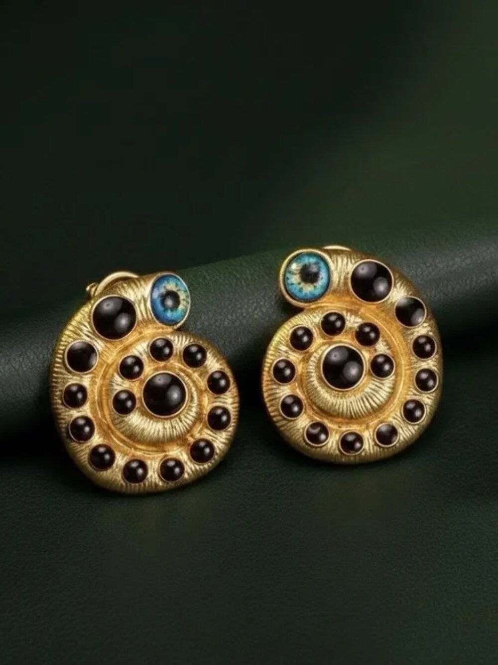 Antique Gold Snail VTG Eye CZ Earrings Statement Museum Swirl Surreal Nautical